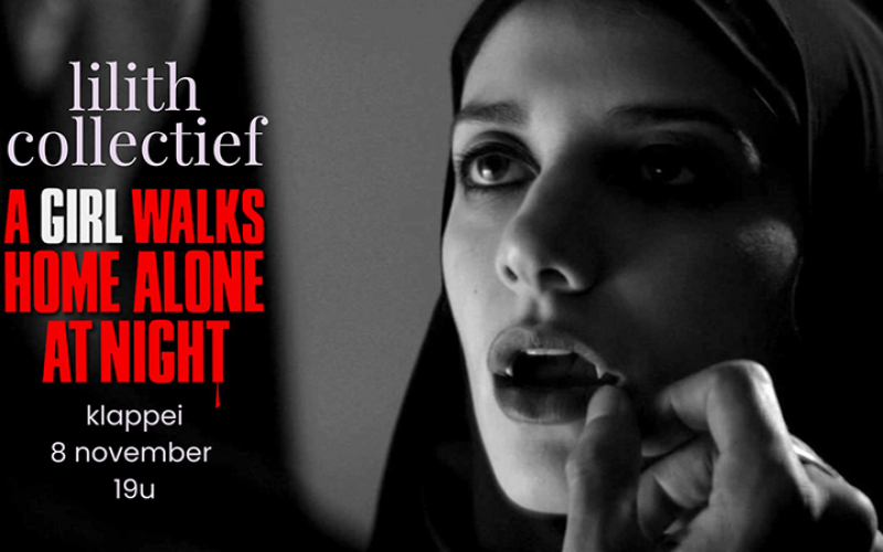 Still uit de film "A girl walks home alone at night" met de tekst "klappei, 8 november, 19u"