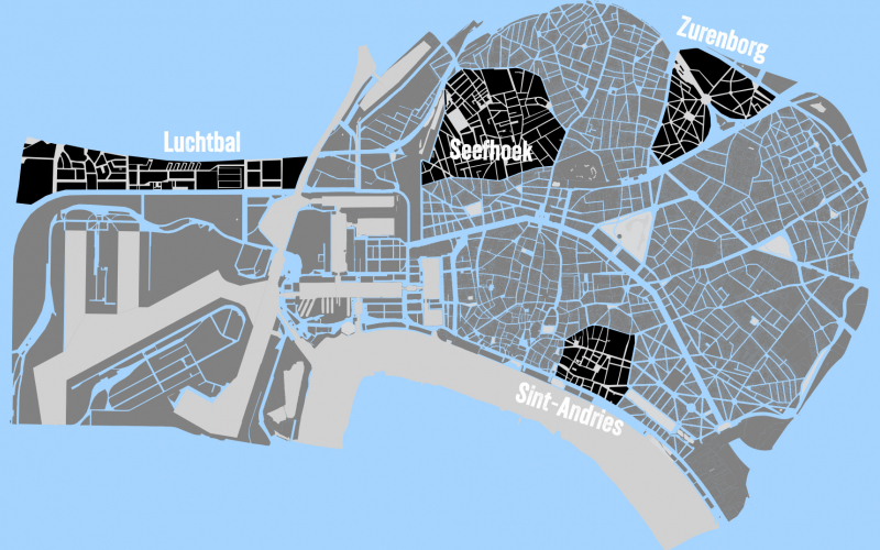 een kaart van Antwerpen met de besproken wijken in het zwart aangeduid