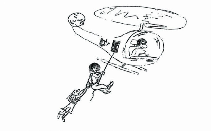 Tekening van studenten in een helikopter die andere studenten evacueren