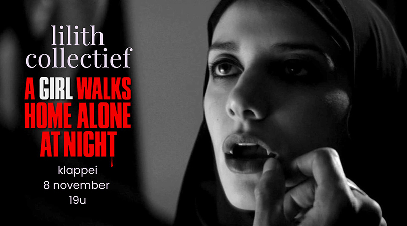 Still uit de film "A girl walks home alone at night" met de tekst "klappei, 8 november, 19u"