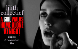 Still uit de film "A girl walks home alone at night" met de tekst "klappei, 8 november, 19u"